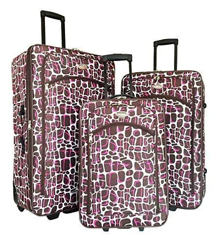 3Pc Luggage Set Travel Bag Rolling Wheel Carryon Expandable Upright Giraffe Pink