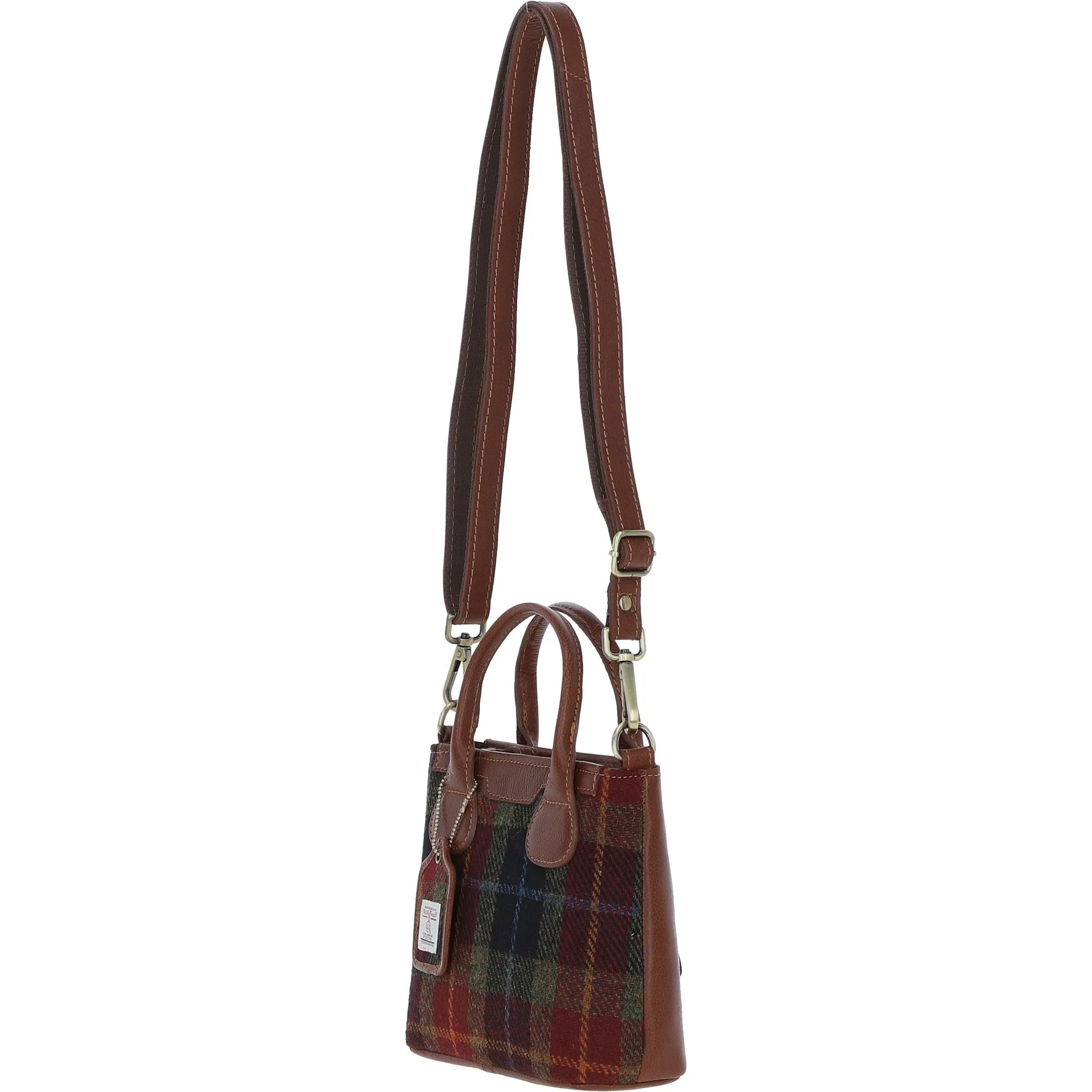 Ashwood Leather x Harris Tweed Handbag with Removable Crossbody Strap Tan/Green/Red: TW-21-08-TR