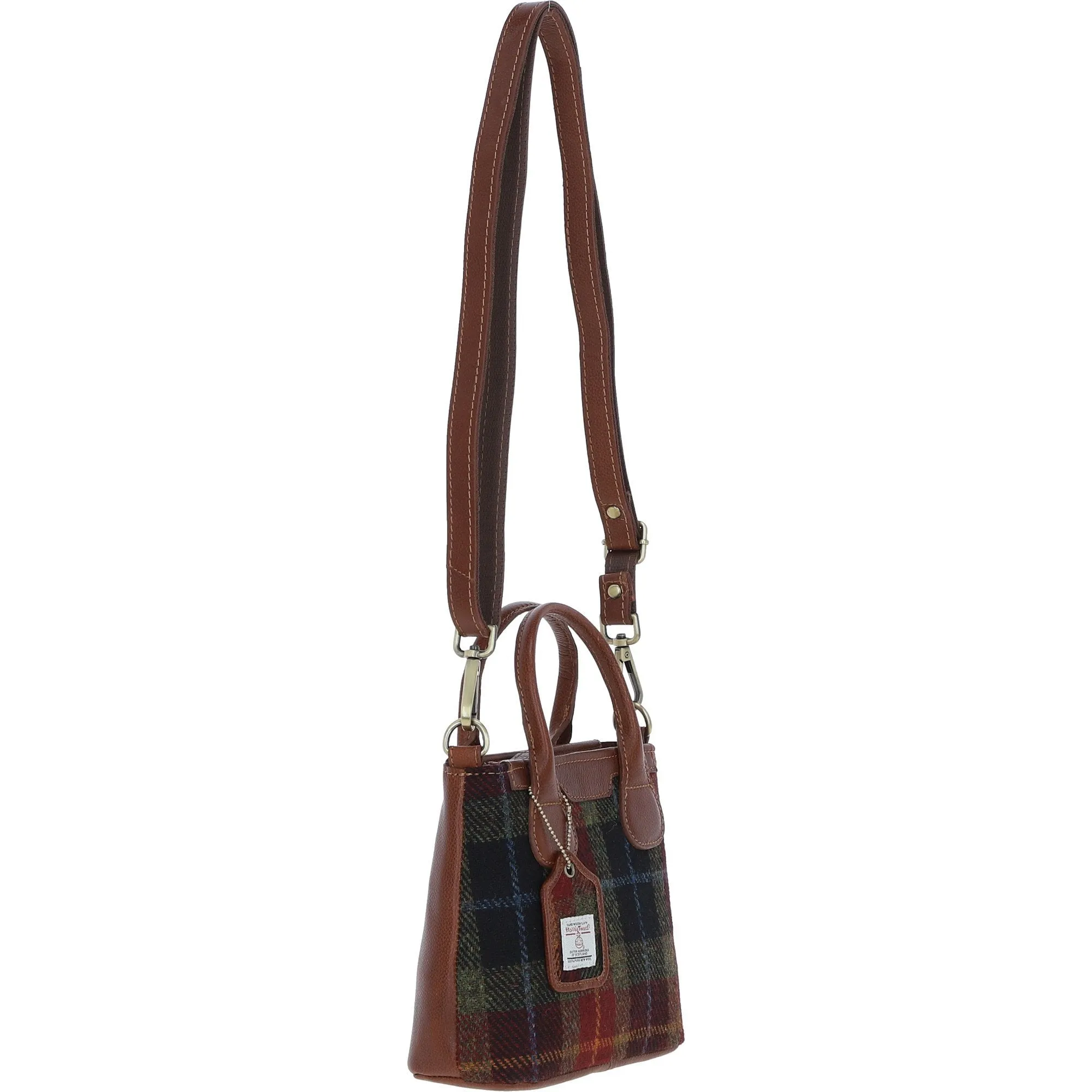 Ashwood Leather x Harris Tweed Handbag with Removable Crossbody Strap Tan/Green/Red: TW-21-08-TR