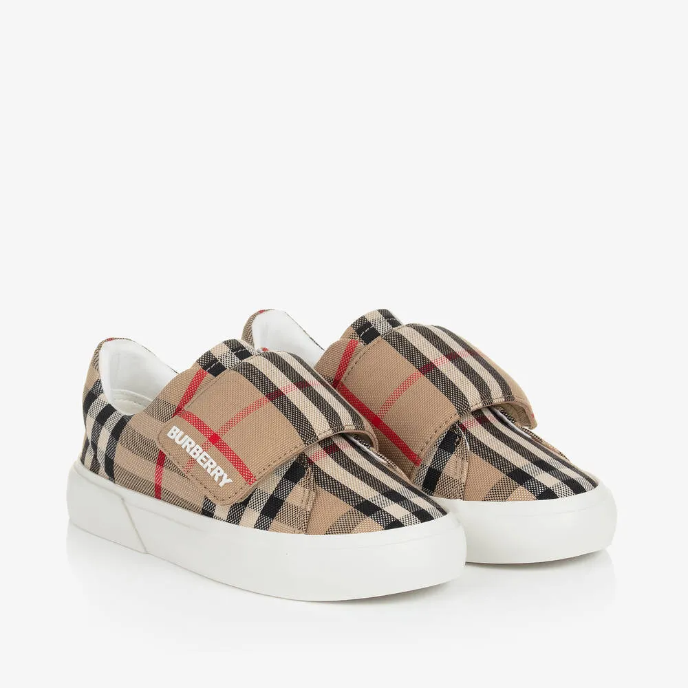 Beige Check Canvas Velcro Trainers