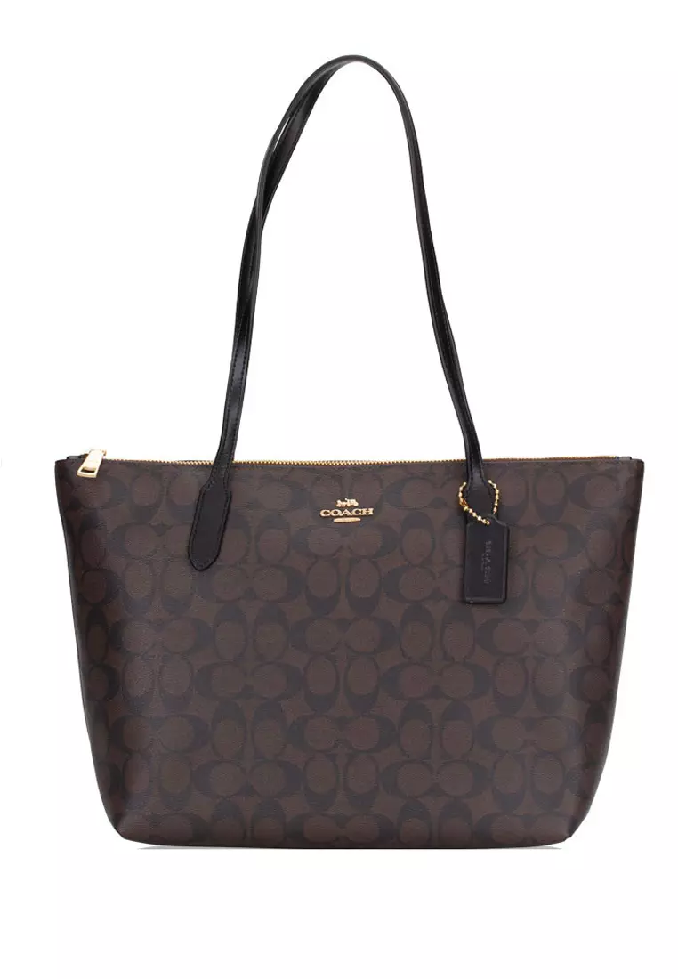 Coach Coach Zip Top Tote In Signature Canvas - Dark Brown