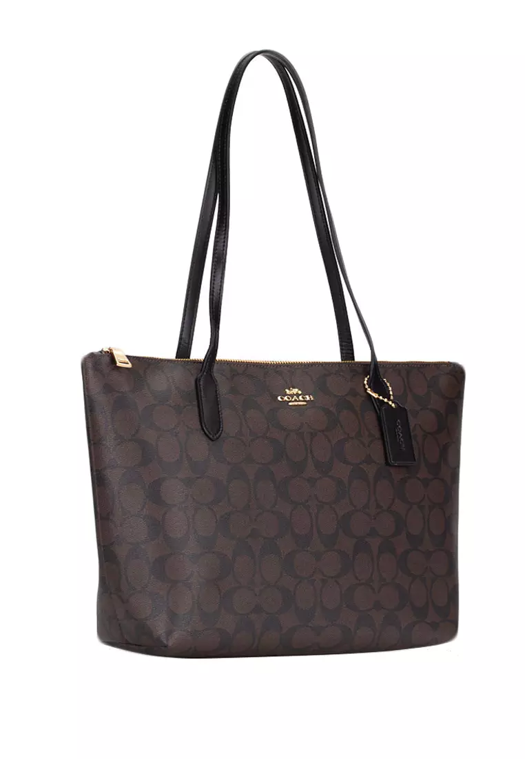 Coach Coach Zip Top Tote In Signature Canvas - Dark Brown