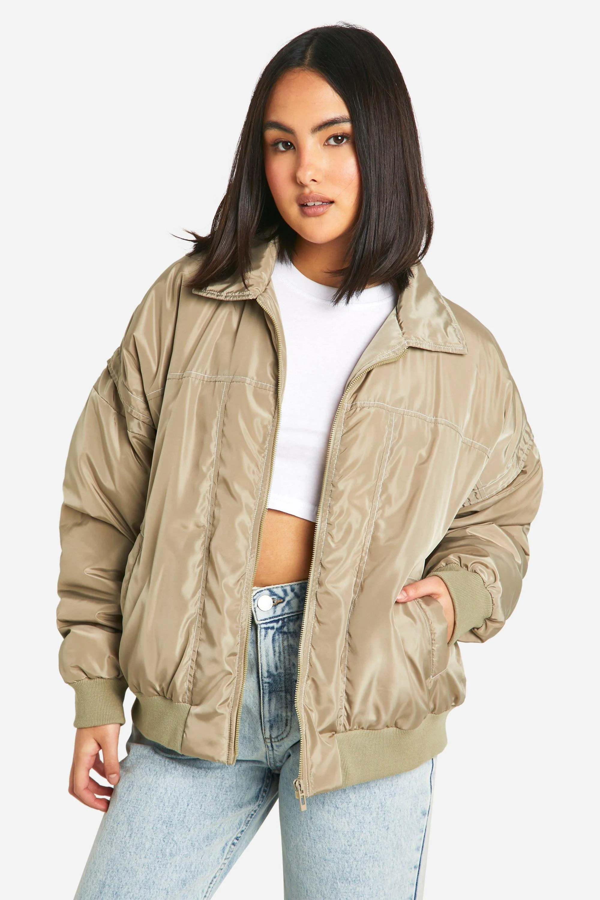 Contrast Stitch Detail Oversized Bomber Jacket