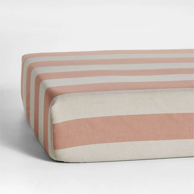 Crate&Barrel Riviera Terracotta Pink Stripe Organic Cotton Baby Crib Fitted Sheet