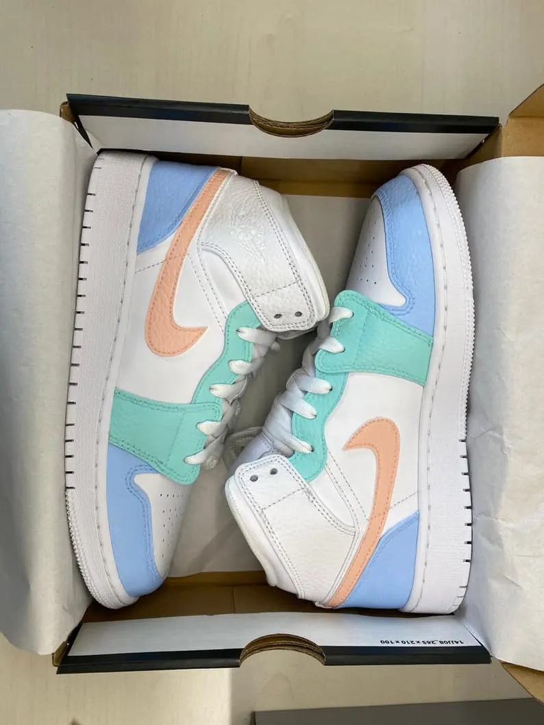 Custom Nike Air Jordan 1 Mid pastel blue green orange colors