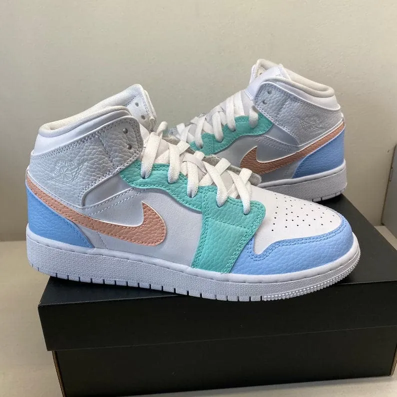 Custom Nike Air Jordan 1 Mid pastel blue green orange colors