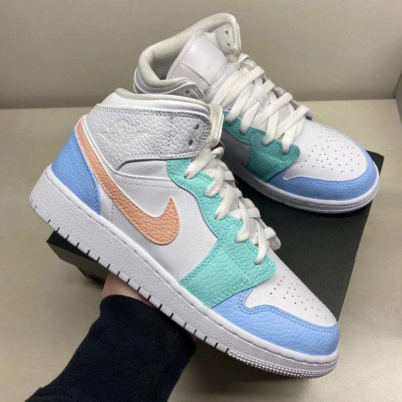 Custom Nike Air Jordan 1 Mid pastel blue green orange colors