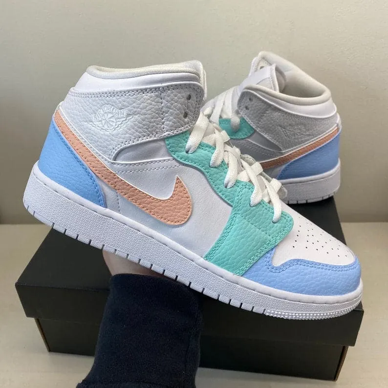 Custom Nike Air Jordan 1 Mid pastel blue green orange colors