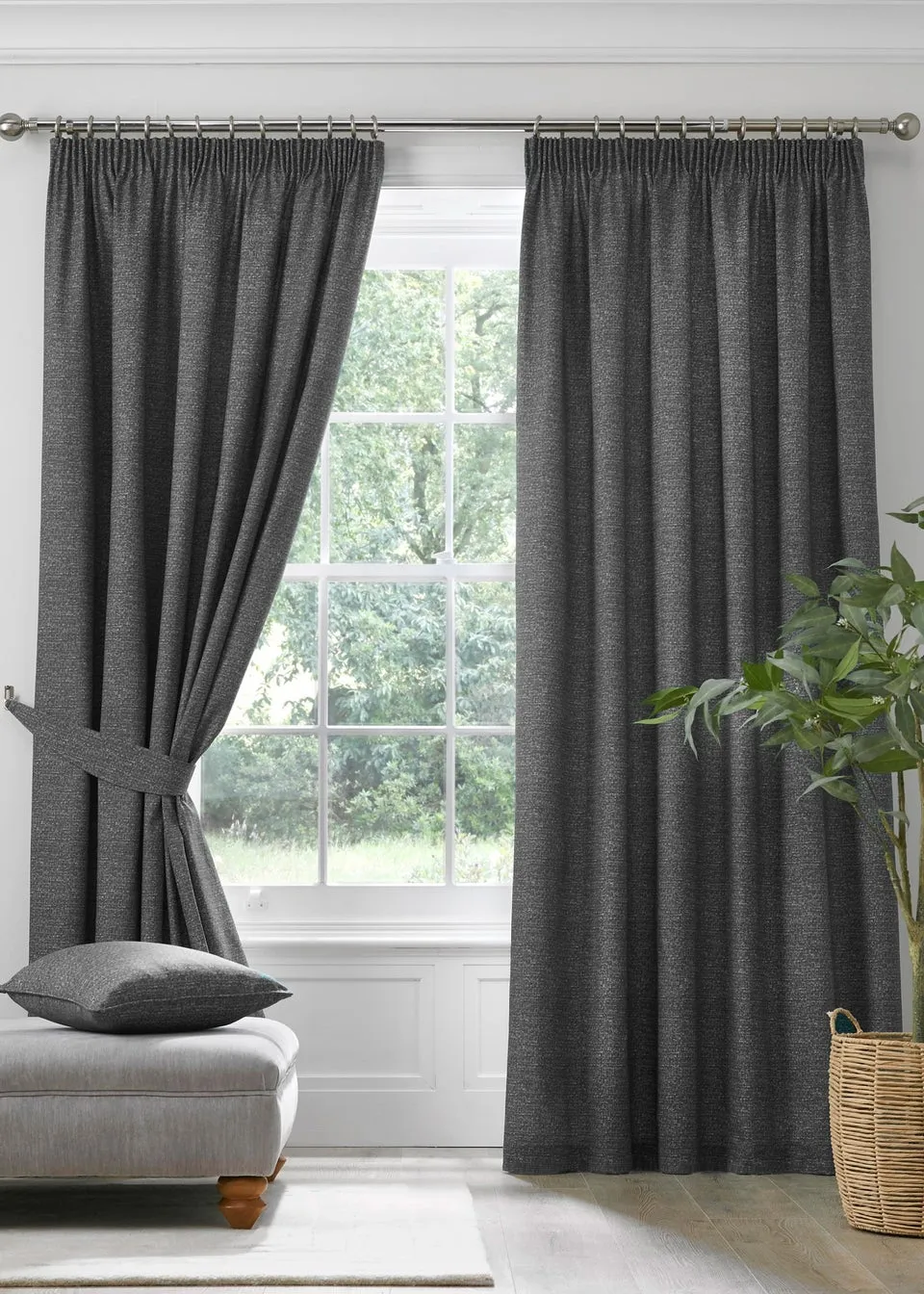 Dreams & Drapes Pembrey Brushed Cotton Grey Pencil Pleat Curtains With Tie-Backs