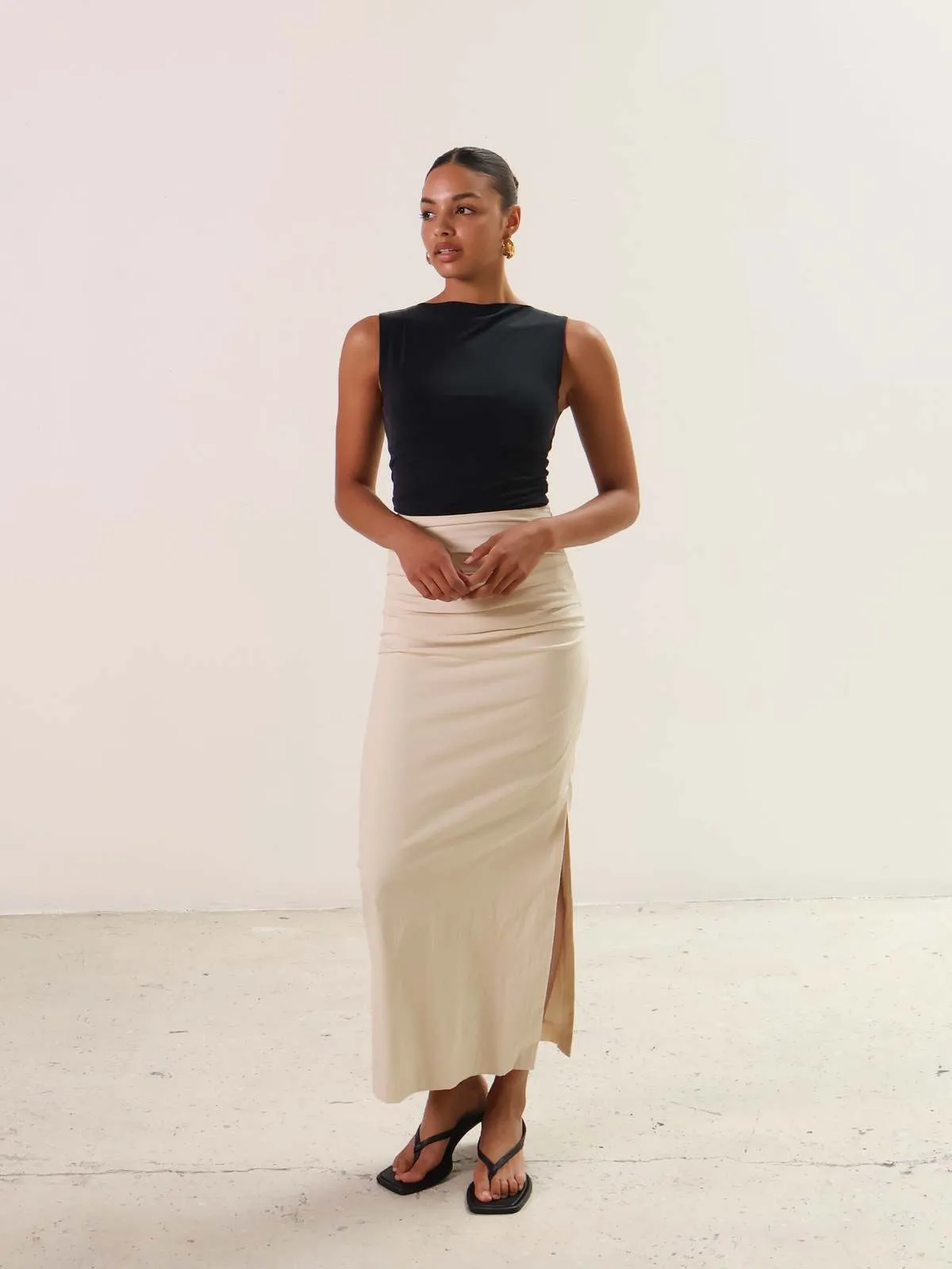 Emara Pleated Midi Skirt - Sand