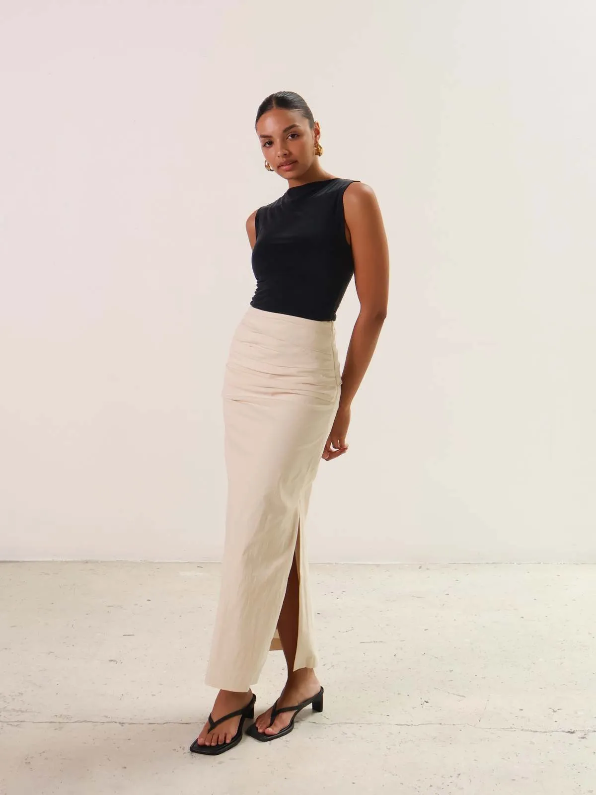 Emara Pleated Midi Skirt - Sand