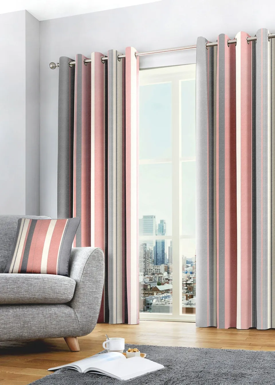 Fusion Whitworth Stripe Pink Eyelet Curtains