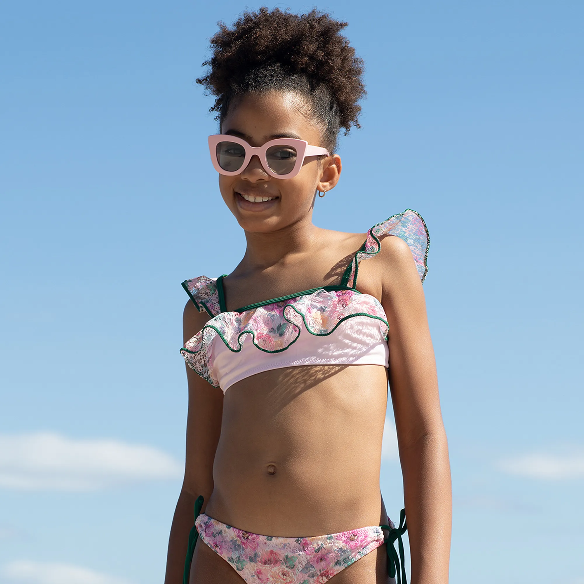 Girls Pink Floral Lace Frill Bikini (UV50)