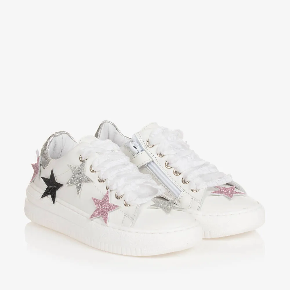 Girls White Leather Stars Trainers