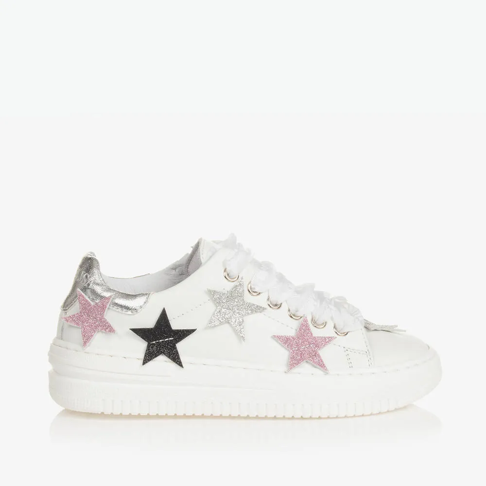 Girls White Leather Stars Trainers