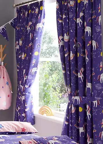 Happy Linen Co. Space Unicorn Glow in the Dark Pair of Pencil Pleat Blackout Curtains | Kaleidoscope