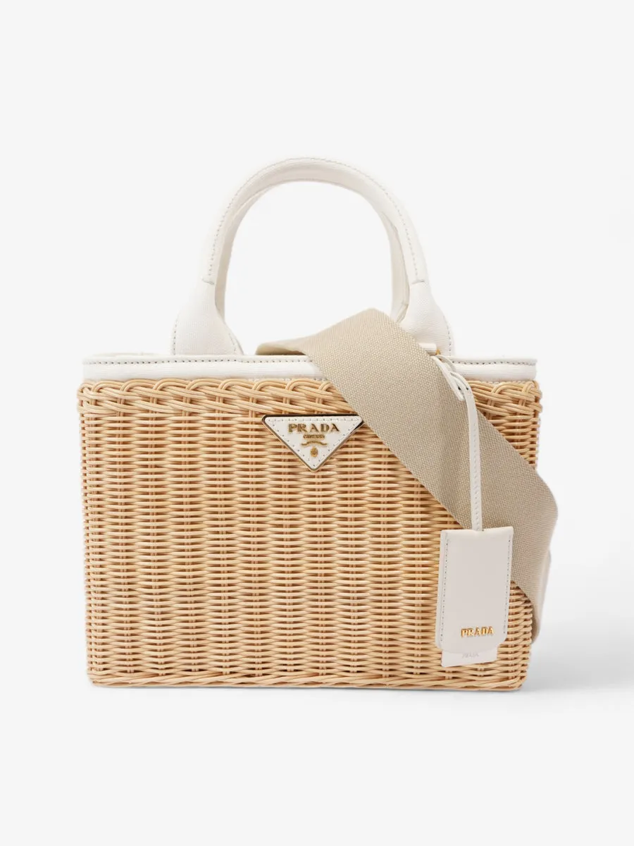 Medium Wicker And Linen Blend Tote Tan / White Wicker