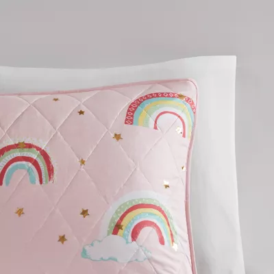 Mi Zone Kids Mia Rainbow With Metallic Printed Stars Reversible Quilt Set With Throw Pillow