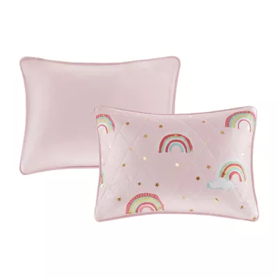 Mi Zone Kids Mia Rainbow With Metallic Printed Stars Reversible Quilt Set With Throw Pillow