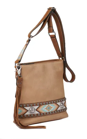 Nocona Carmen Tan with Southwest Stitching and Conchos Concealed Carry Crossbody Handbag