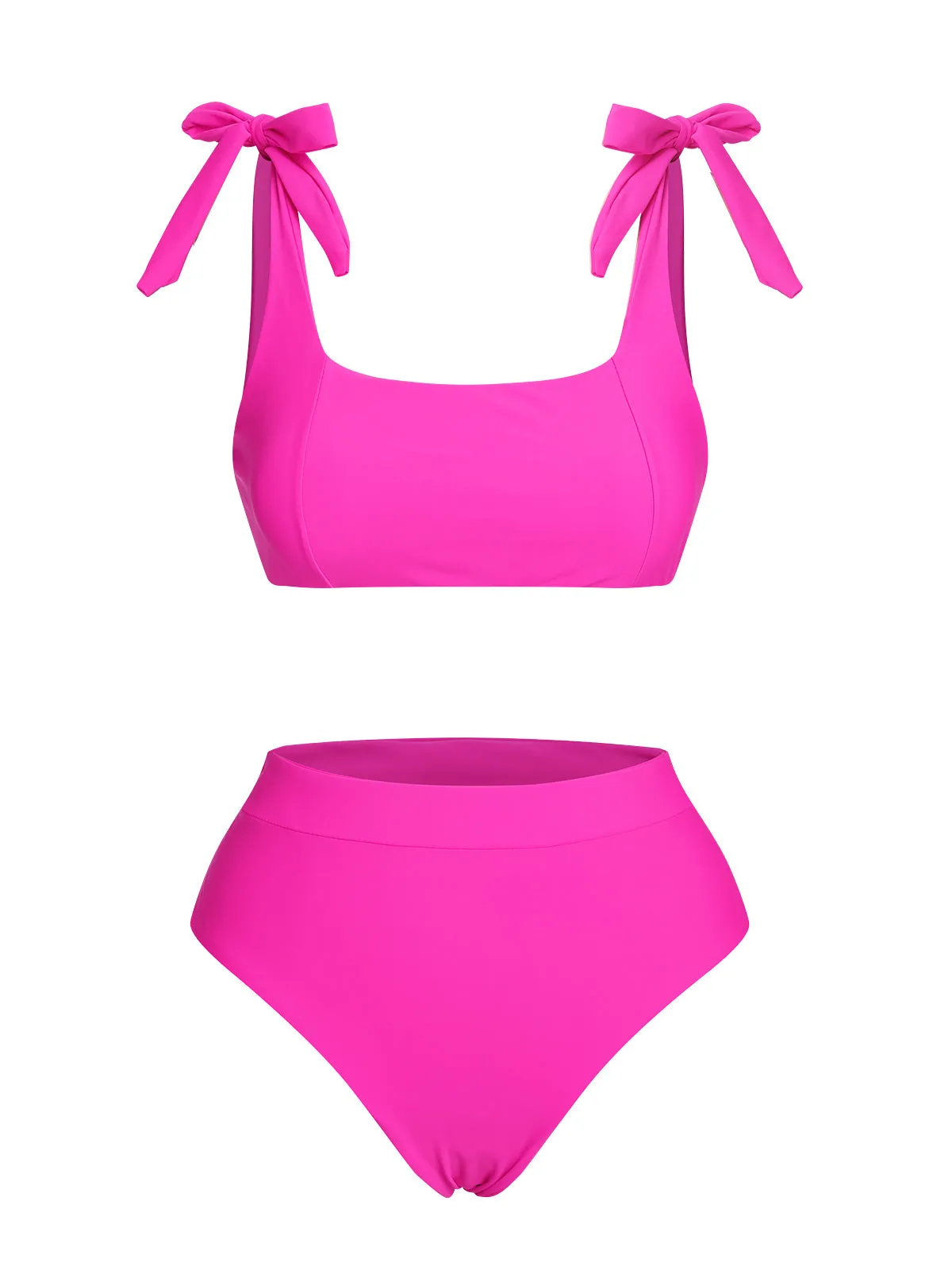 Pink 1950s Solid Shoulder Tie BIkini Set