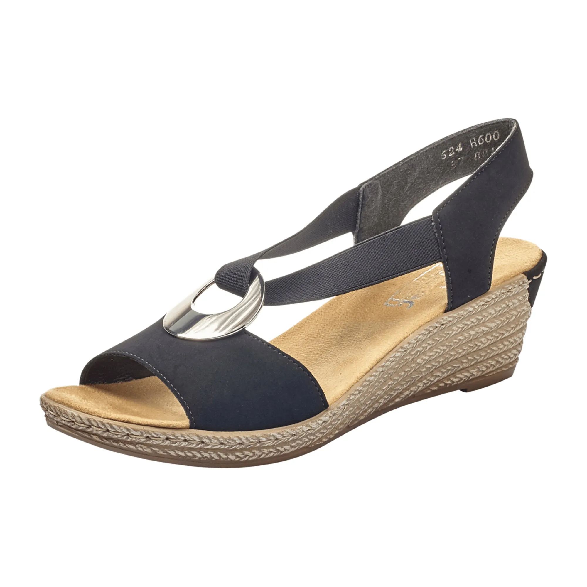 Rieker 624H600 Black Women's Wedge Sandals with Elastic Straps and Cushioned Sole