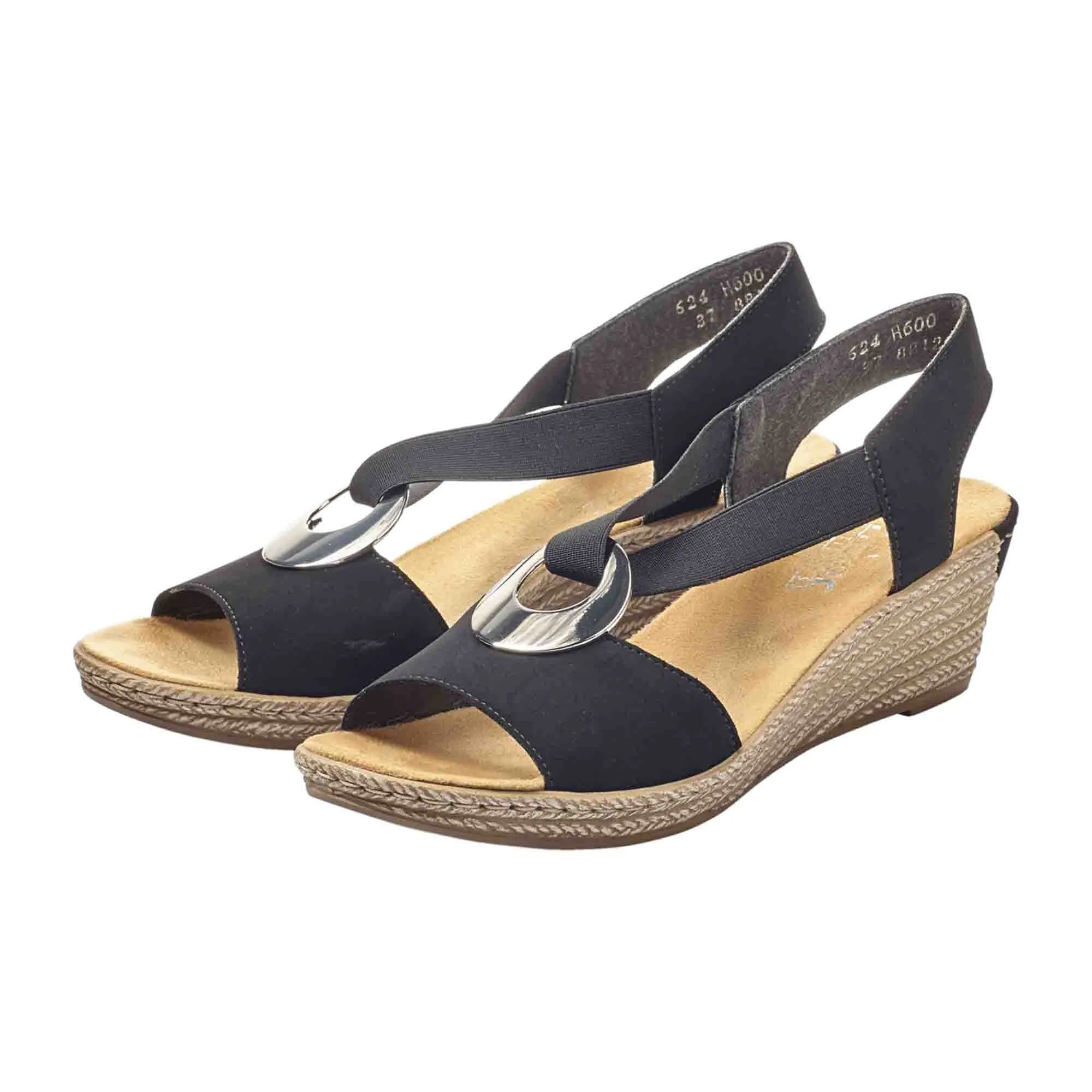 Rieker 624H600 Black Women's Wedge Sandals with Elastic Straps and Cushioned Sole