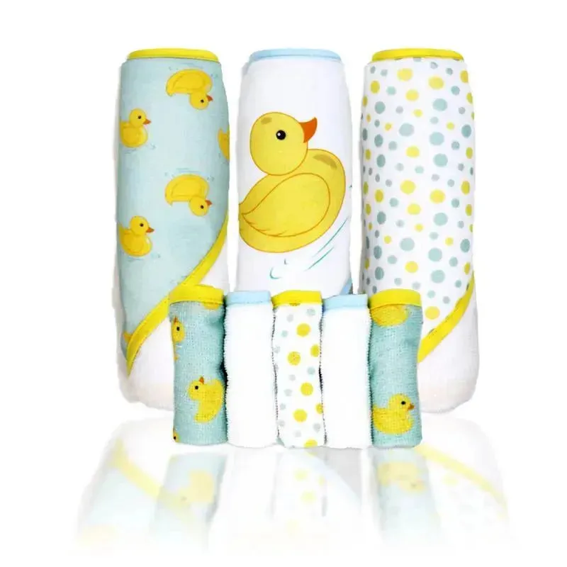 Rose Textiles - 3 Hooded Towels W/ 5 Washcloths, Aqua Duckies