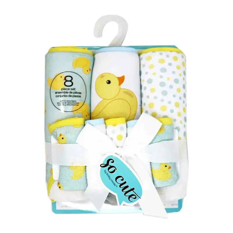 Rose Textiles - 3 Hooded Towels W/ 5 Washcloths, Aqua Duckies