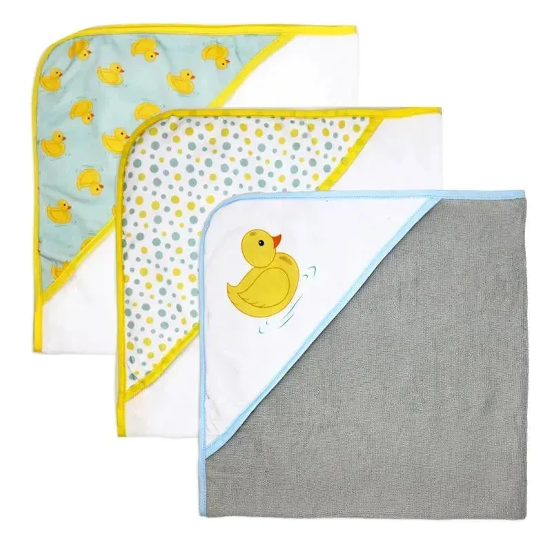 Rose Textiles - 3 Hooded Towels W/ 5 Washcloths, Aqua Duckies