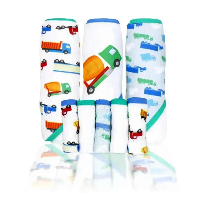 Rose Textiles - 3 Hooded Towels W/ 5 Washcloths:, Green Trucks