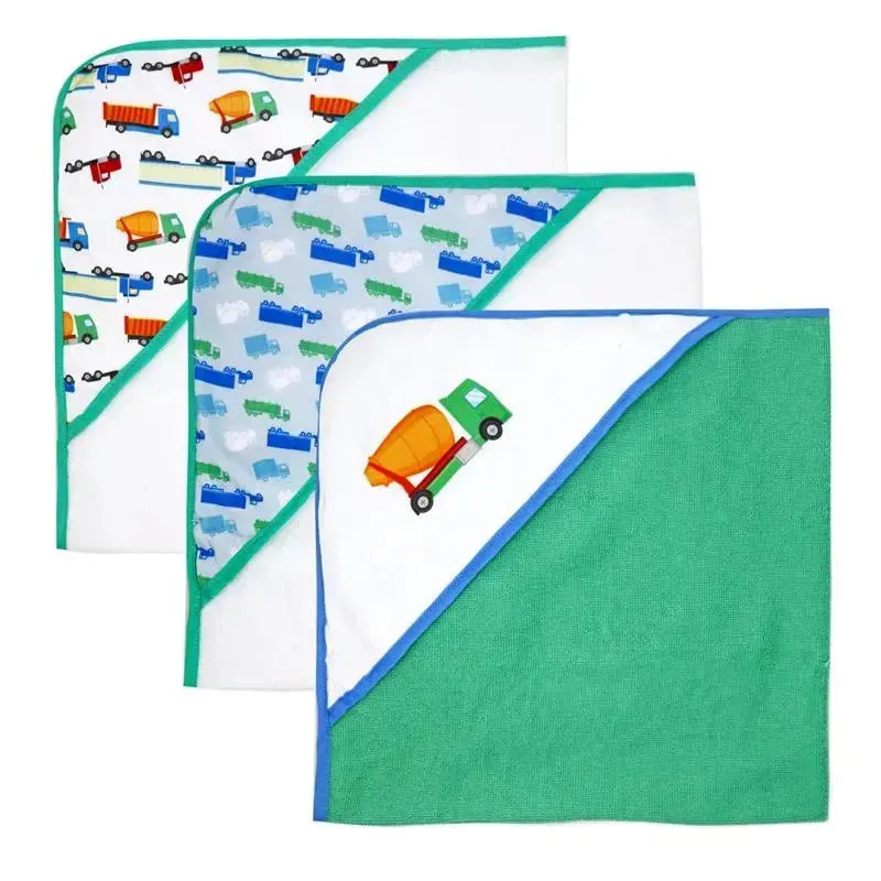 Rose Textiles - 3 Hooded Towels W/ 5 Washcloths:, Green Trucks