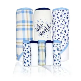 Rose Textiles - 3 Hooded Towels W/ 5 Washcloths, Navy Hello World