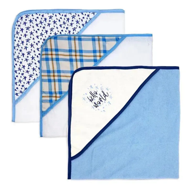 Rose Textiles - 3 Hooded Towels W/ 5 Washcloths, Navy Hello World