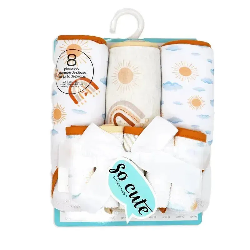 Rose Textiles - 3 Hooded Towels W/ 5 Washcloths, Peach Rainbows