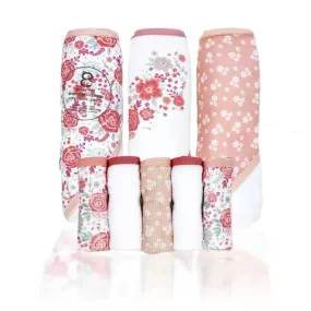 Rose Textiles - 3 Hooded Towels W/ 5 Washcloths, Pink Bouquet