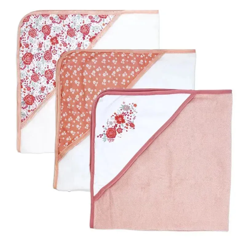 Rose Textiles - 3 Hooded Towels W/ 5 Washcloths, Pink Bouquet