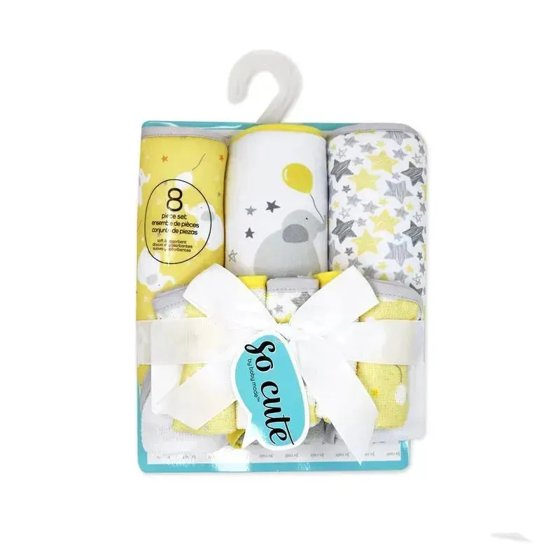 Rose Textiles - 3 Hooded Towels W/ 5 Washcloths, Yellow Elephant & Balloons