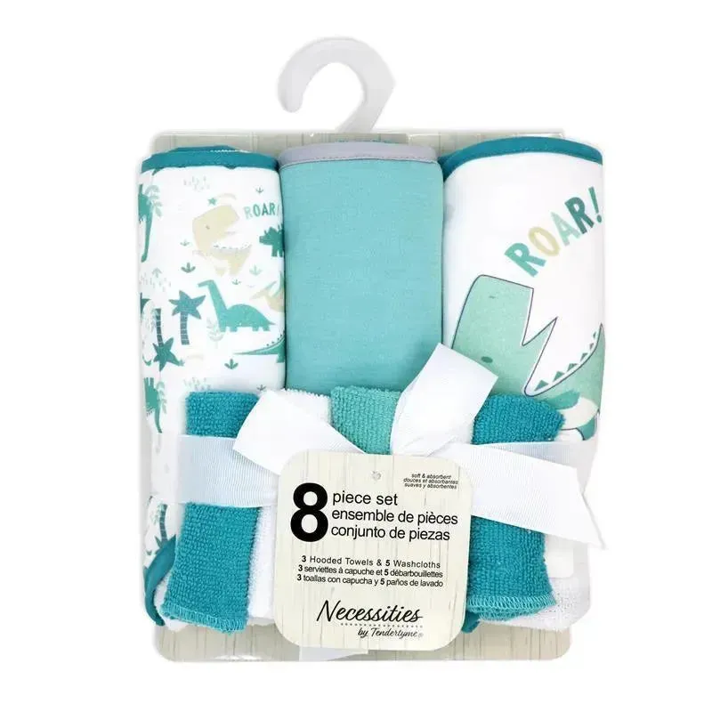 Rose Textiles- 8Pc Bath Set - 5 Hooded Towels W/ 3 Washcloths, Dino