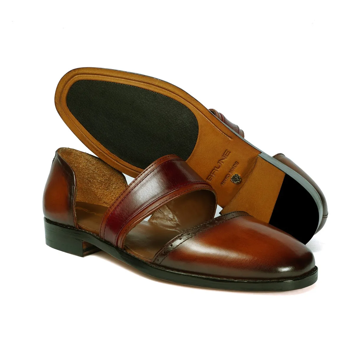 Tan Wine Rounded Toe Peshawari Sandals with Cutout & Brogue Detailing