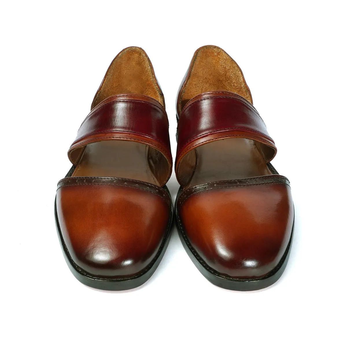 Tan Wine Rounded Toe Peshawari Sandals with Cutout & Brogue Detailing