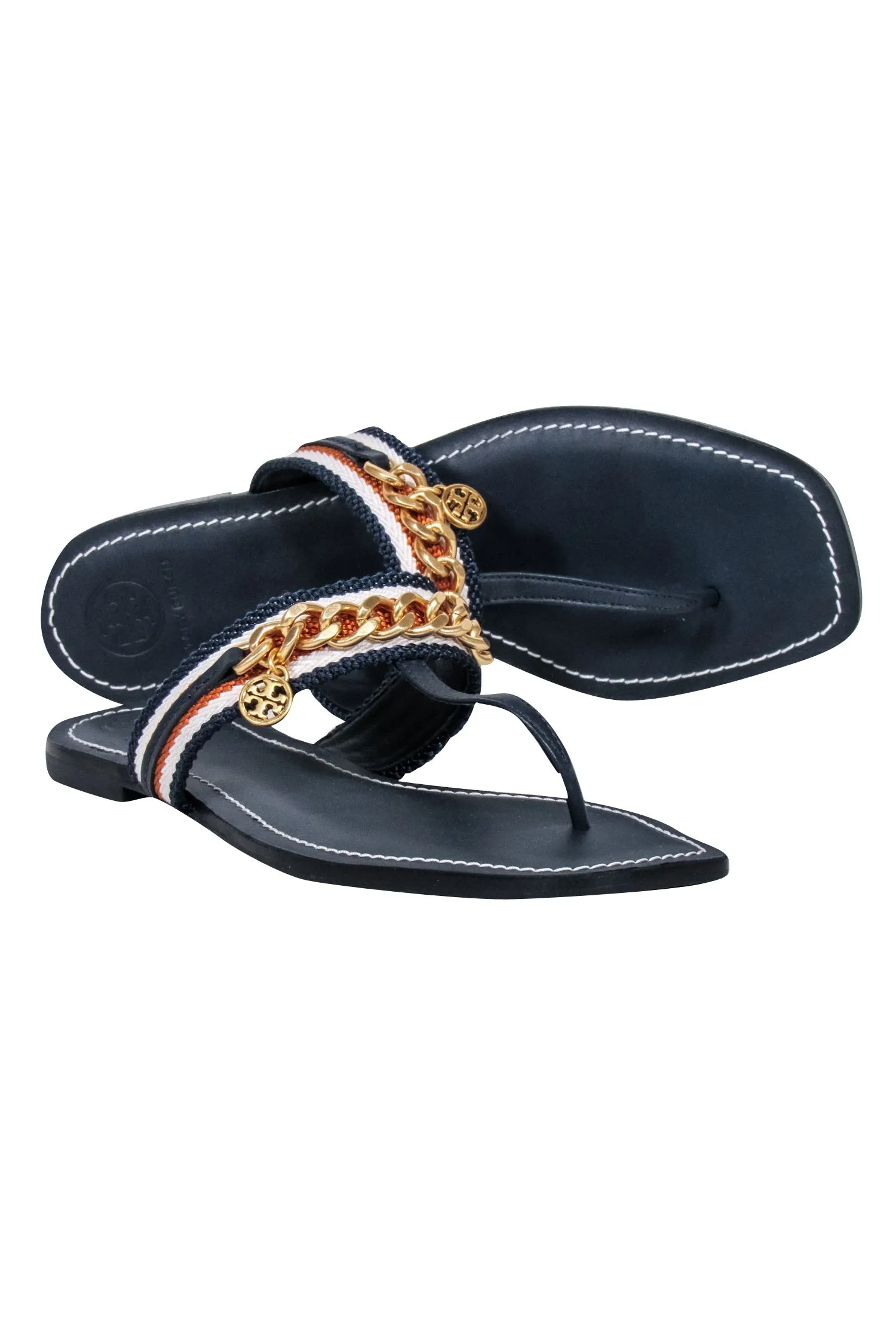 Tory Burch - Dark Navy Leather Benton Sandals w/ Chain Band Sz 8