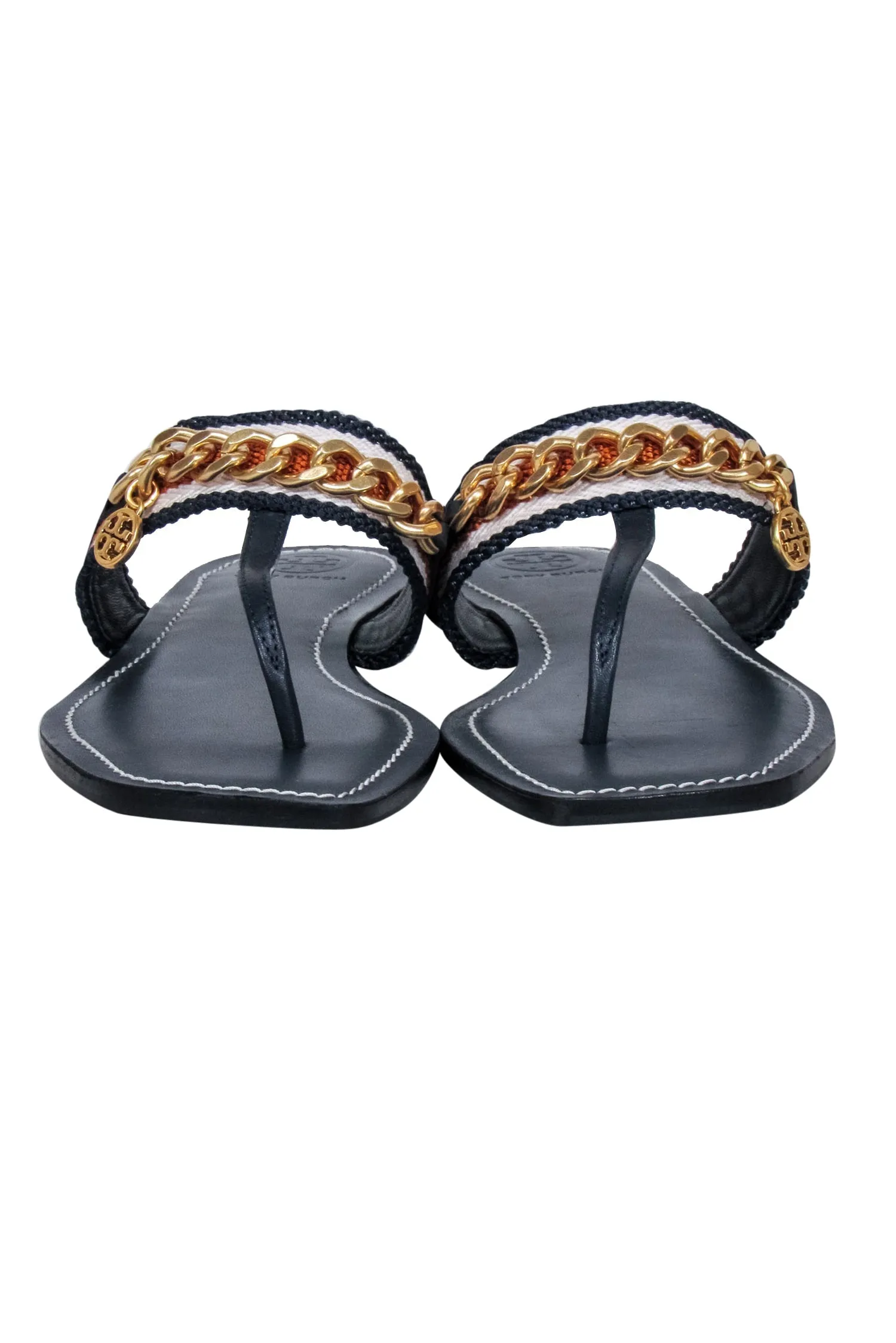 Tory Burch - Dark Navy Leather Benton Sandals w/ Chain Band Sz 8