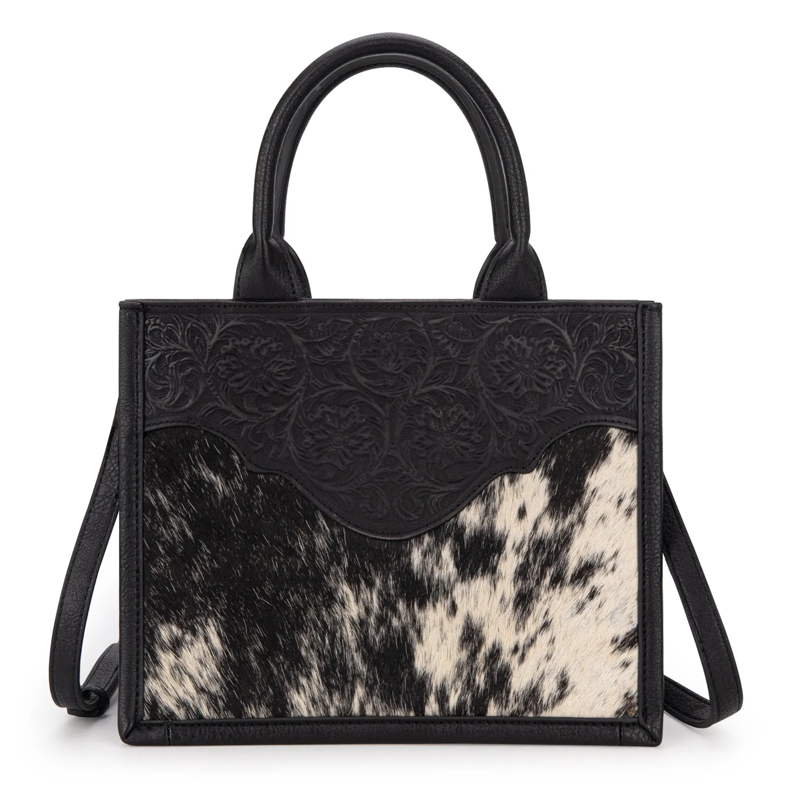 TR178G-8899   Trinity Ranch Hair On Cowhide Floral Tooled Concealed Carry Tote/Crossbody - Black