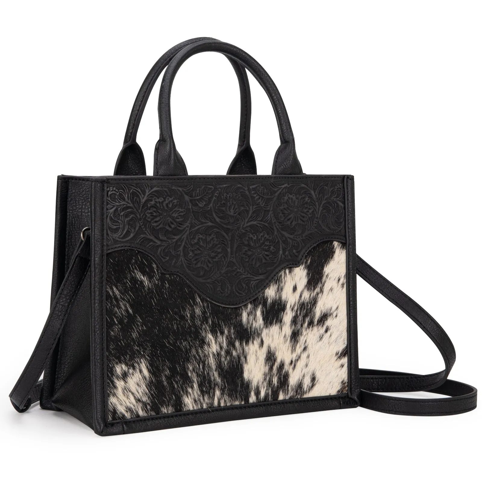 TR178G-8899   Trinity Ranch Hair On Cowhide Floral Tooled Concealed Carry Tote/Crossbody - Black