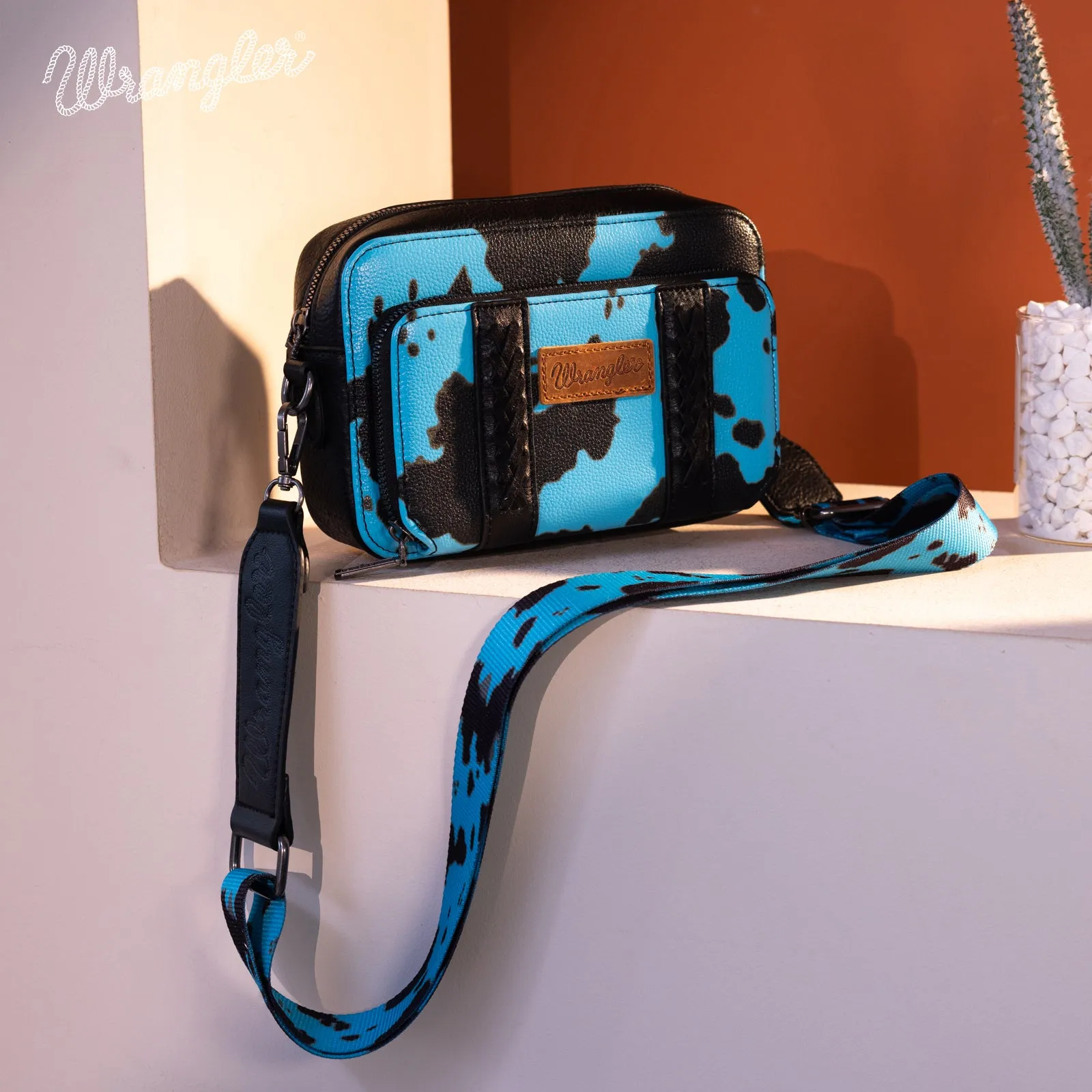 WG133-3003  Wrangler Cow Print Crossbody Purse With Wallet Compartment - Blue