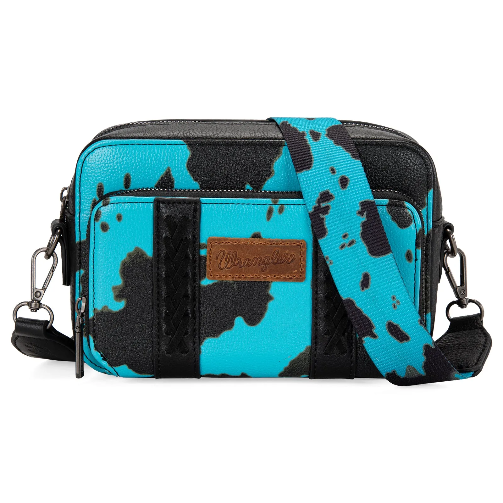 WG133-3003  Wrangler Cow Print Crossbody Purse With Wallet Compartment - Blue