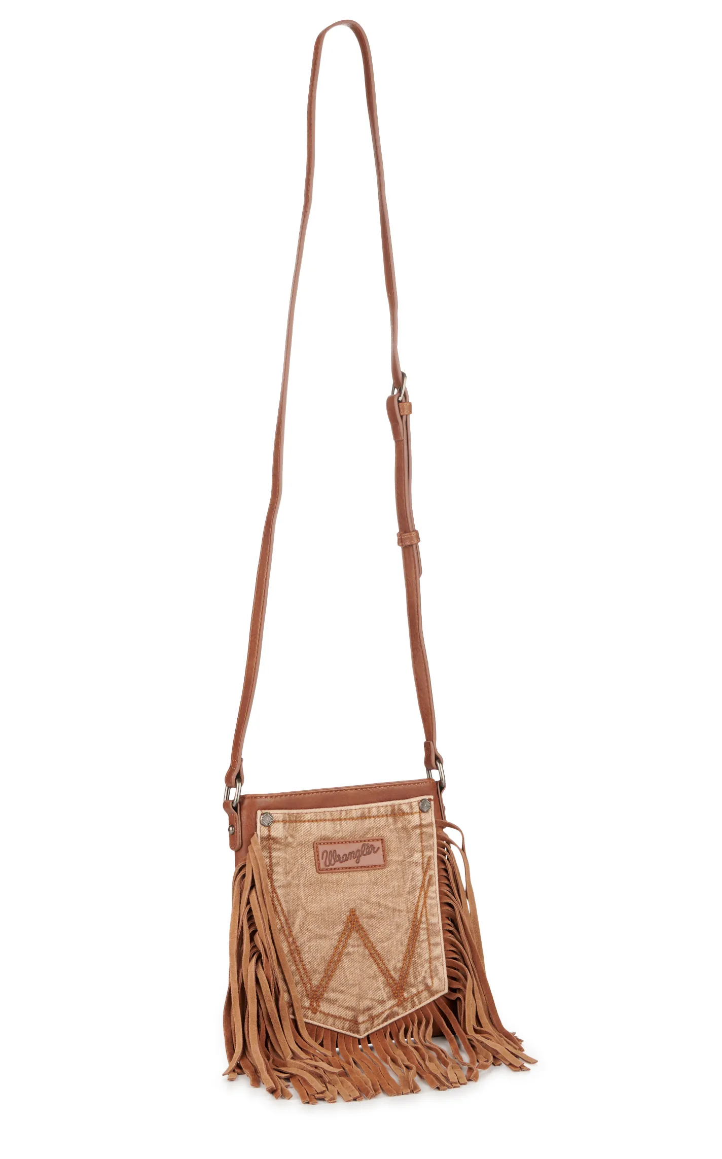 Wrangler Caramel Leather & Denim with Fringe "W" Pocket Crossbody Purse